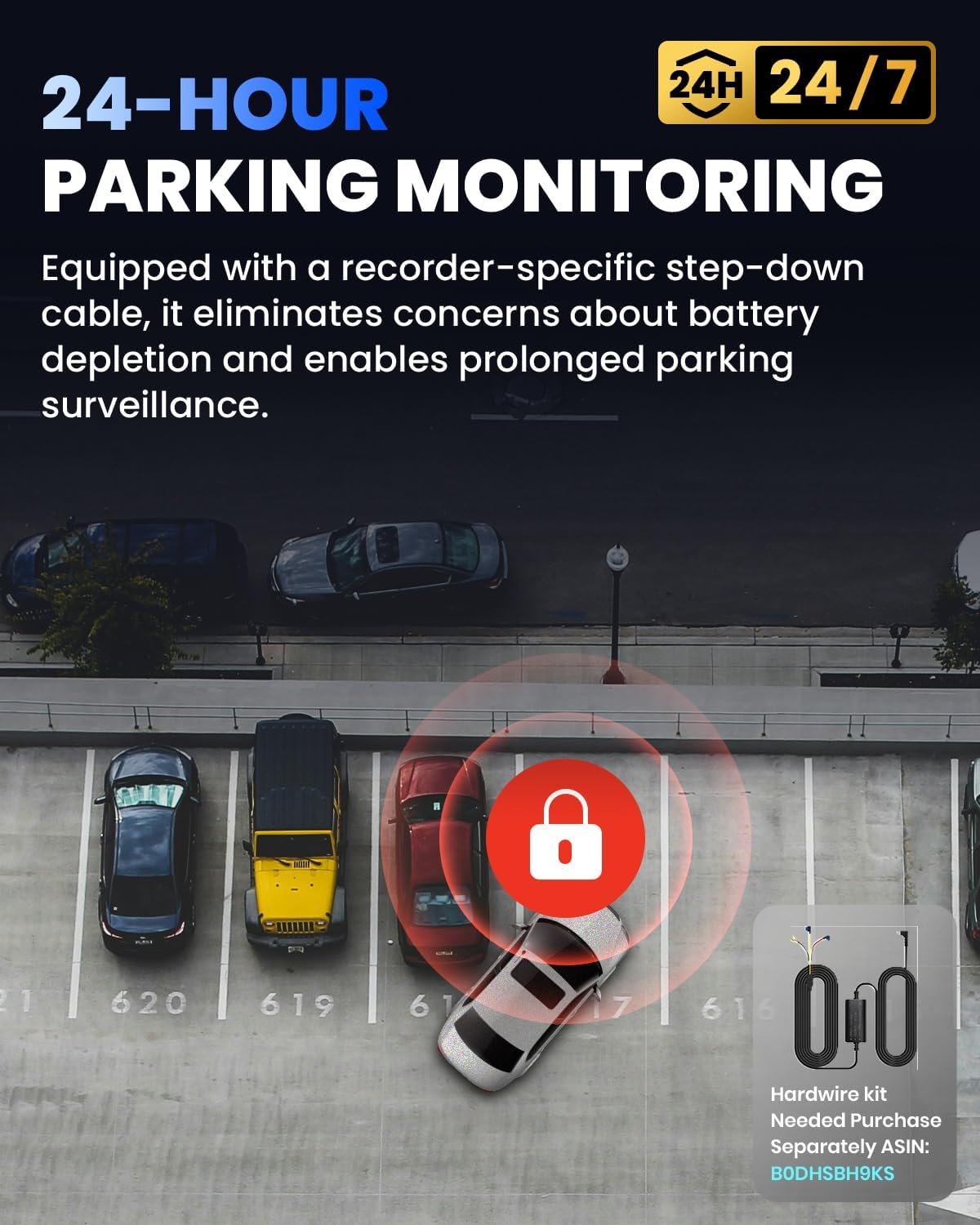 COOLCRAZY dash cam 24-hour parking monitoring graphic with overhead parked cars, red lock icon, and separate step-down hardwire kit for continuous surveillance