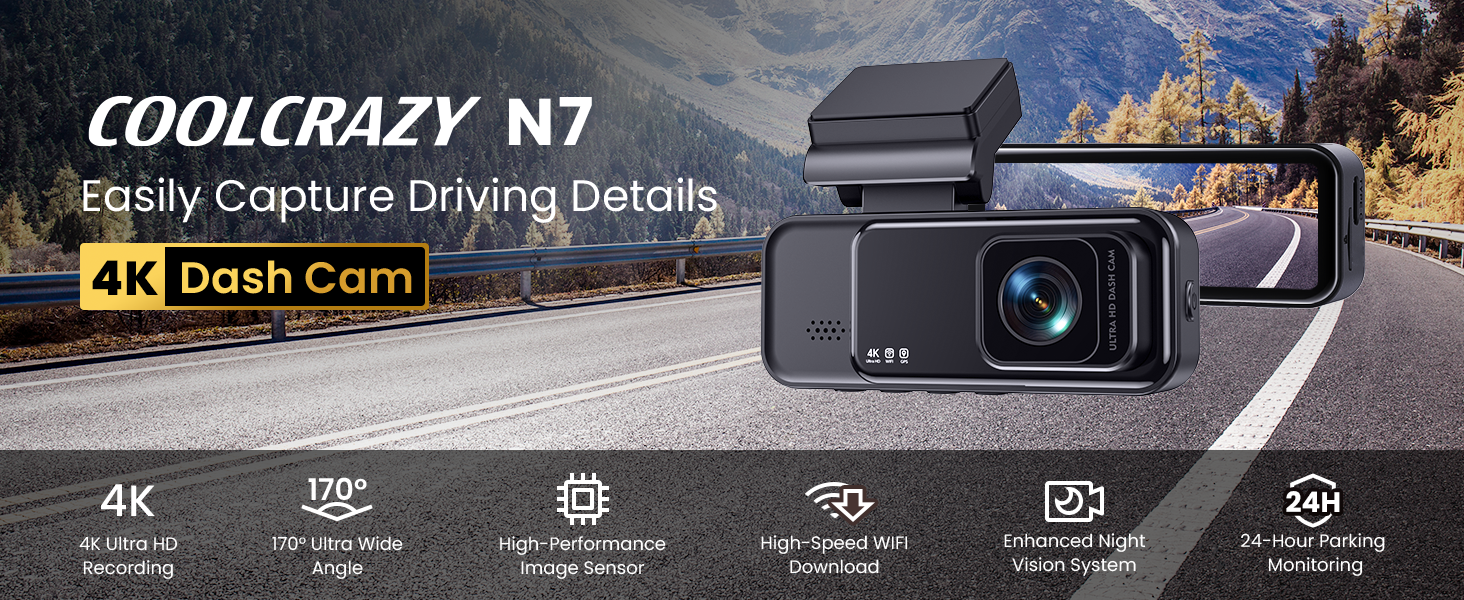 COOLCRAZY Dash cam with scenic road and mountains in the background, featuring Coolcrazy N7 branding.