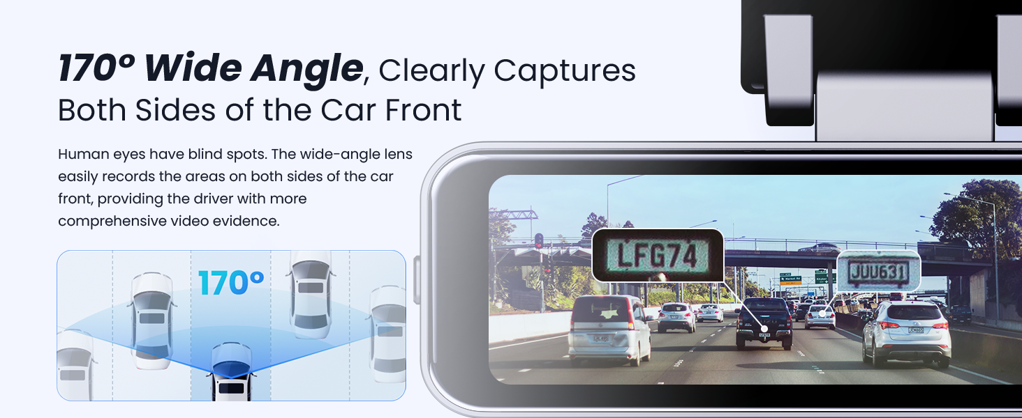 COOLCRAZY Car front view with wide-angle camera capturing both sides of the car, displaying a license plate number.