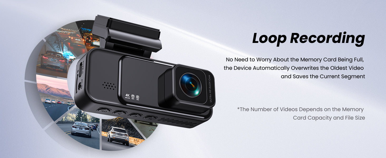 COOLCRAZY Car dashboard camera with loop recording feature on a light gray background