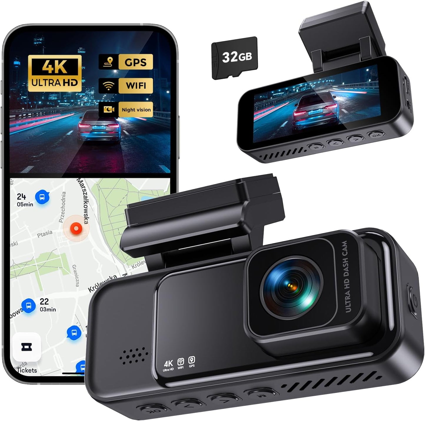COOLCRAZY 4K Ultra HD Dashcam with GPS and Night Vision, showing its advanced recording capabilities and compact design.