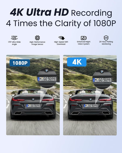 4K Ultra HD COOLCRAZY Dashcam showcasing four times the clarity of 1080P for crisp video details.