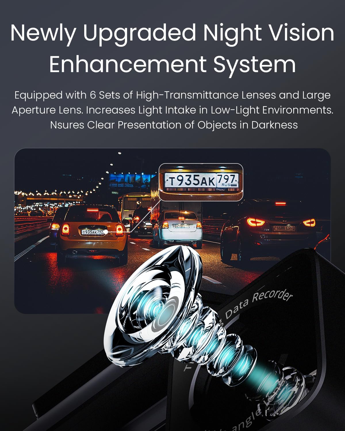 COOLCRAZY Dashcam with upgraded night vision enhancement system for clear low-light recordings.