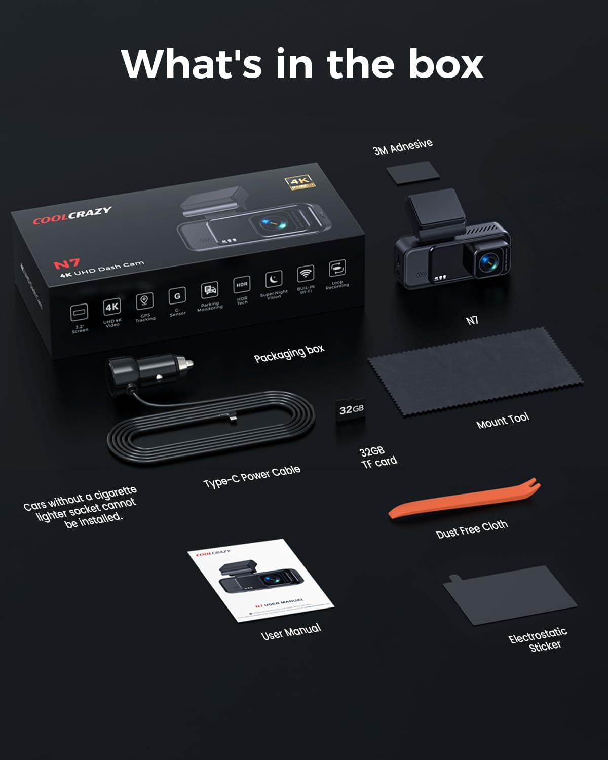 List of items included in a box with a COOLCRAZY car dashboard camera, power cable, and other accessories on a black background.