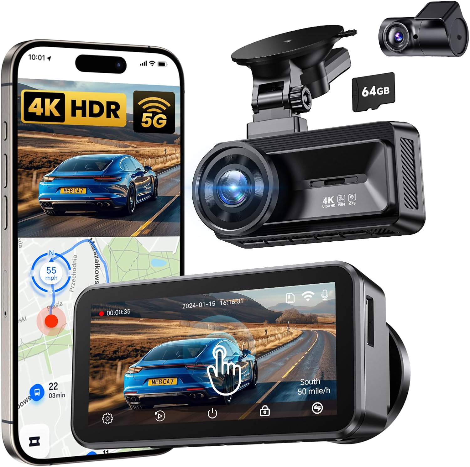 COOLCRAZY dual dash cam with 4K HDR front camera, 3″ IPS touchscreen, suction-cup mount, and smartphone live view via 5G WiFi