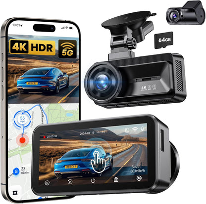COOLCRAZY dual dash cam with 4K HDR front camera, 3″ IPS touchscreen, suction-cup mount, and smartphone live view via 5G WiFi