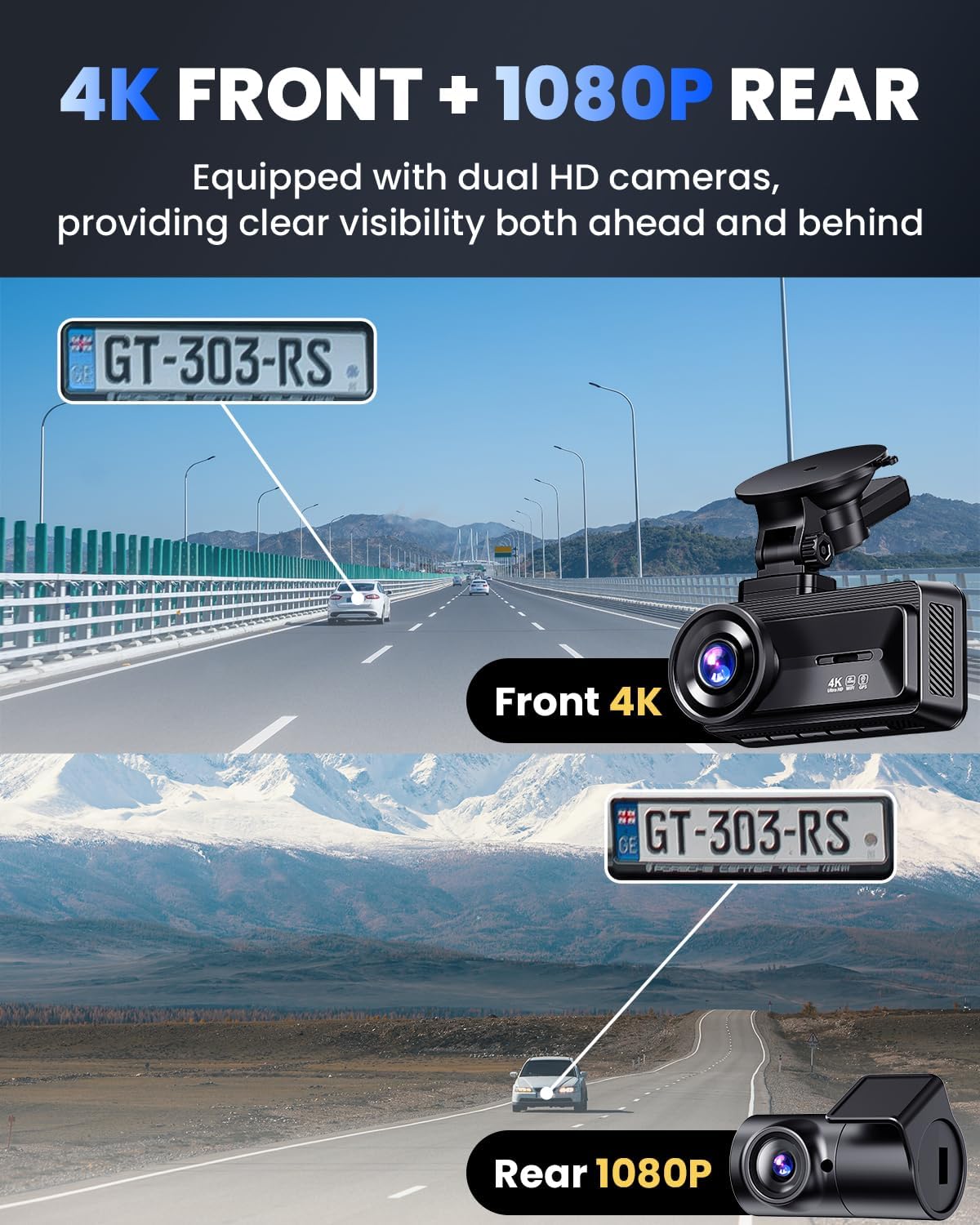 COOLCRAZY dual dash cam showcasing 4K front and 1080P rear cameras capturing clear highway lanes and license plate detail