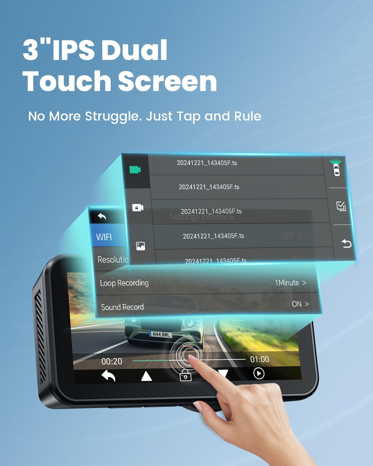 COOLCRAZY dash cam 3″ IPS dual-touchscreen interface displaying loop recording, touch controls, and WiFi settings menu