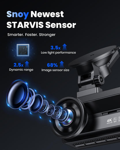COOLCRAZY dash cam front STARVIS sensor diagram highlighting enhanced low-light performance and expanded dynamic range