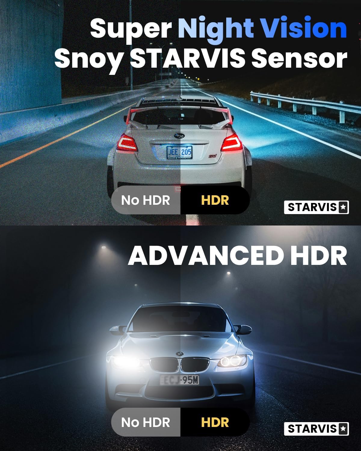 COOLCRAZY dash cam Super Night Vision comparison showing “No HDR” vs “HDR” Starvis sensor clarity on a nighttime highway