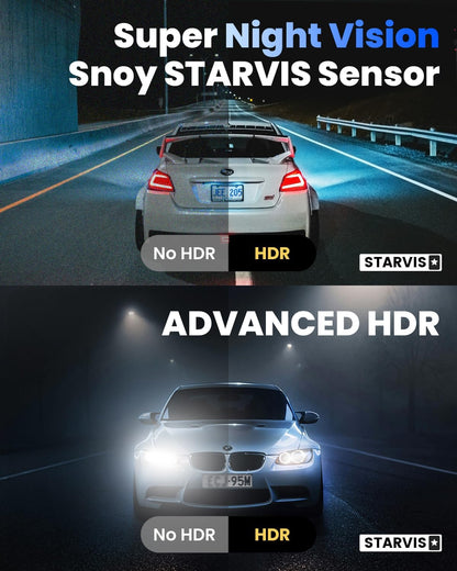 COOLCRAZY dash cam Super Night Vision comparison showing “No HDR” vs “HDR” Starvis sensor clarity on a nighttime highway