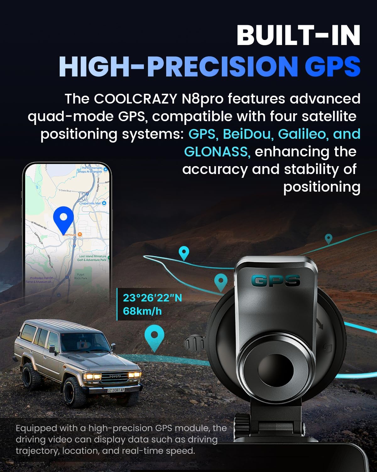 COOLCRAZY built-in high-precision GPS rear camera module with map pins, driving trajectory and real-time speed display