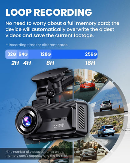 COOLCRAZY loop recording infographic showing overwrite durations for 32 GB (2 h), 64 GB (4 h), 128 GB (8 h) and 256 GB (16 h) memory cards