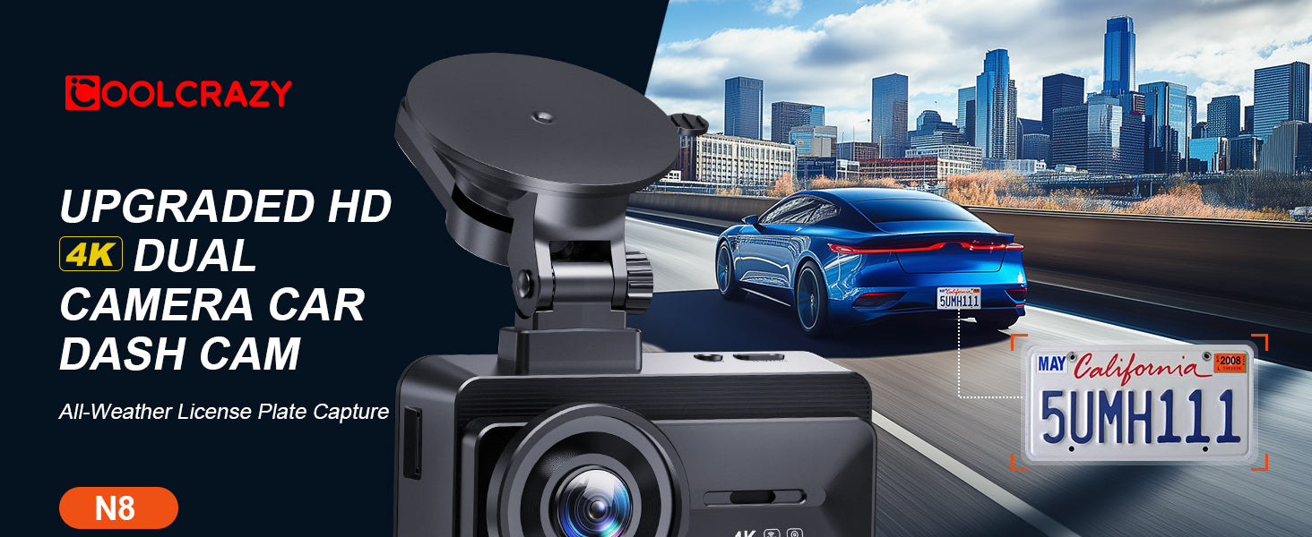 COOLCRAZY car dash cam with cityscape background and text highlighting features