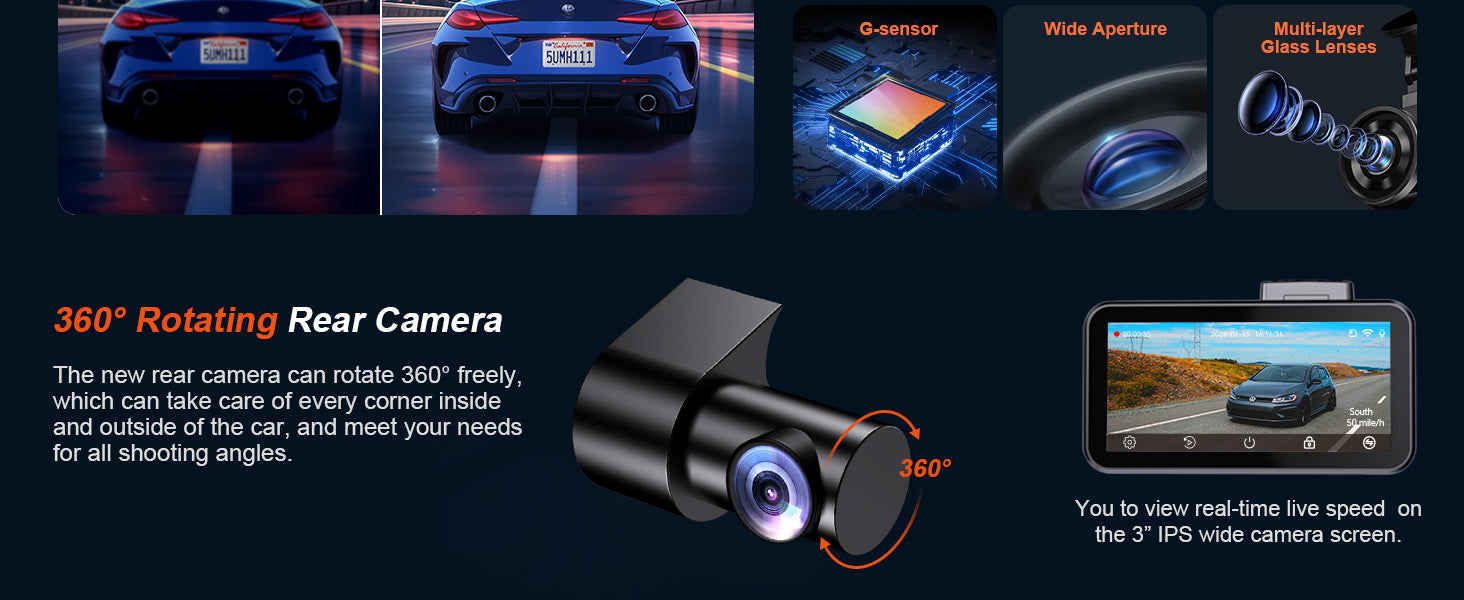 COOLCRAZY 360° Rotating Rear Camera with technical specifications and features on a dark background
