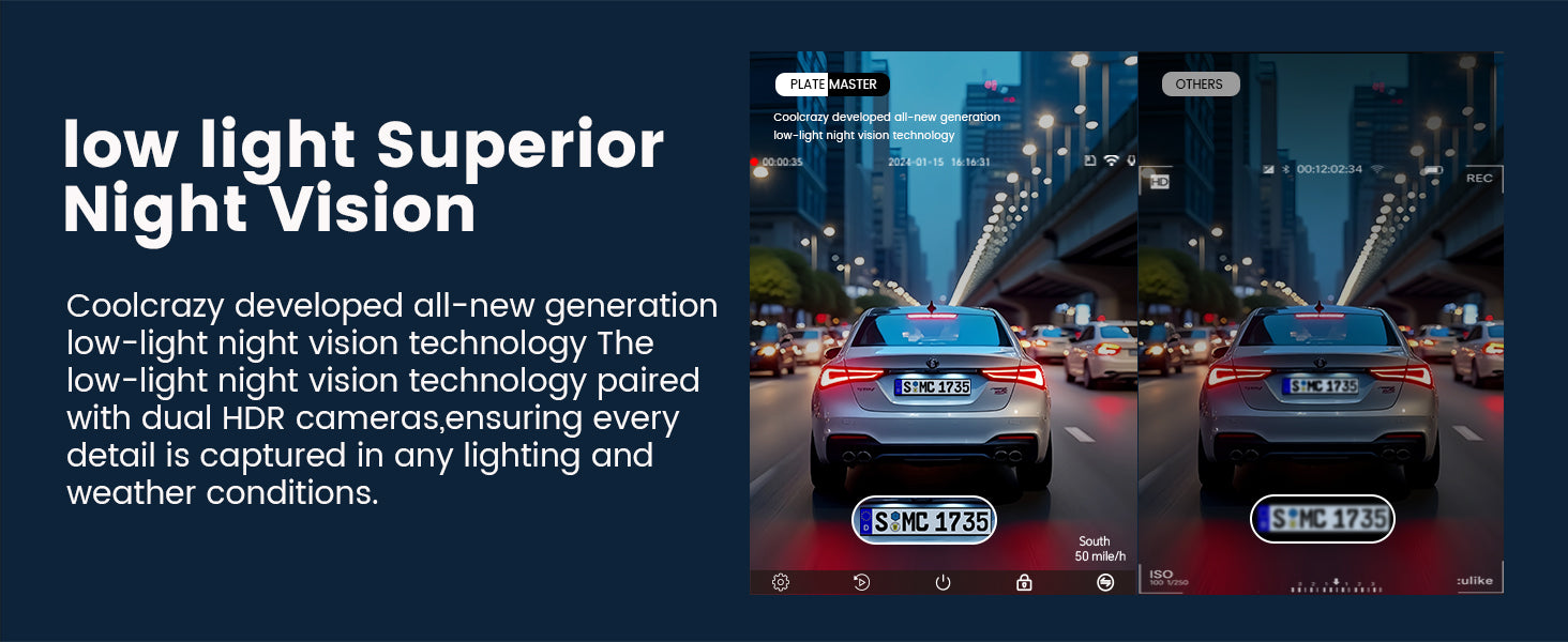 COOLCRAZY Advertisement for low-light night vision technology on a car, with text explaining the feature.