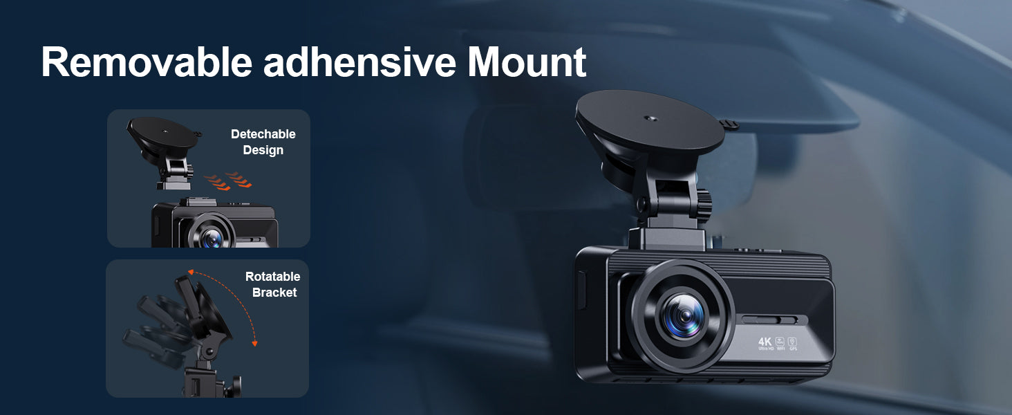 COOLCRAZY Car dashboard camera with removable adhesive mount on a blue gradient background