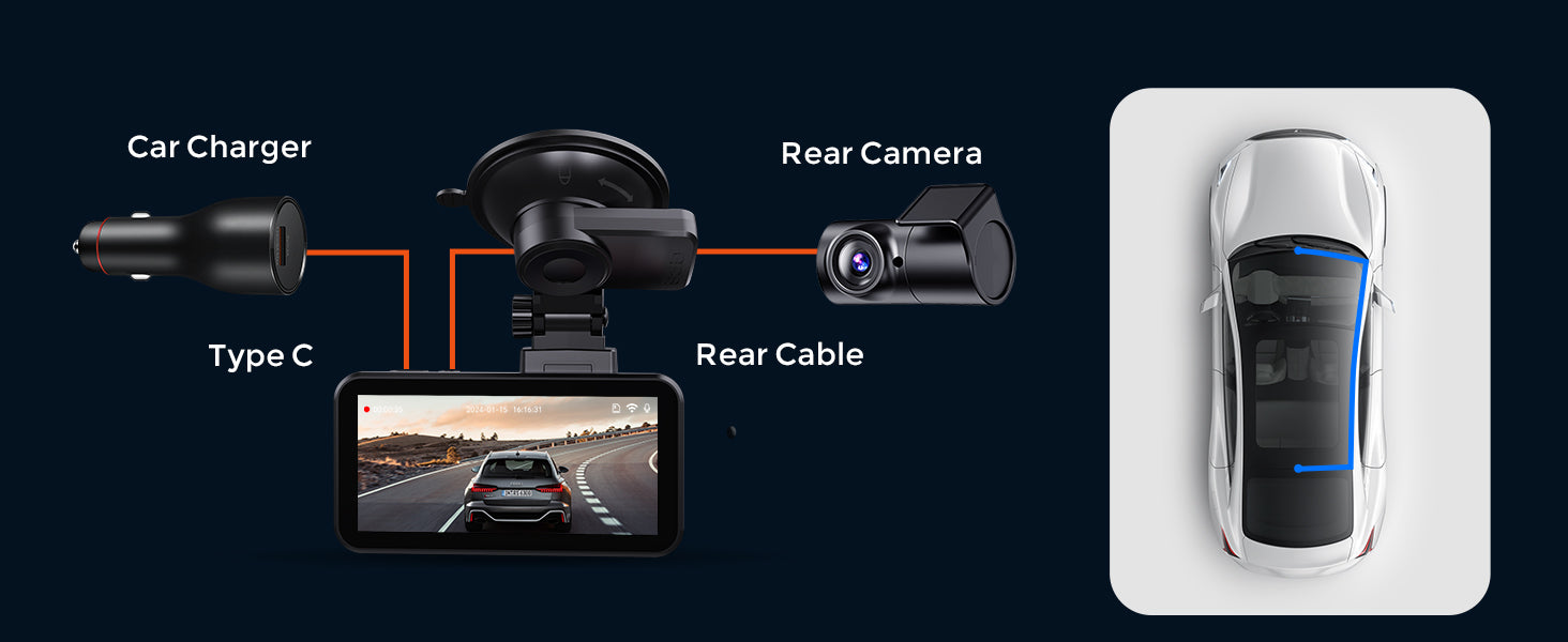 Diagram of a COOLCRAZY car dashboard camera system with components labeled.