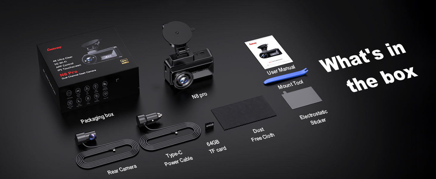 COOLCRAZY dashcam  packaging with components and accessories on a black background
