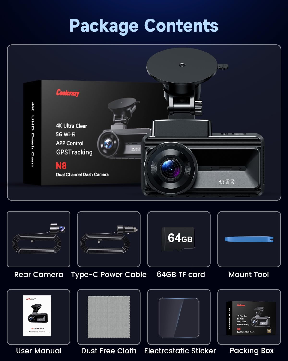 Package contents of a COOLCRAZY dual dash cam system with camera, power cable, TF card, and accessories on a dark background.