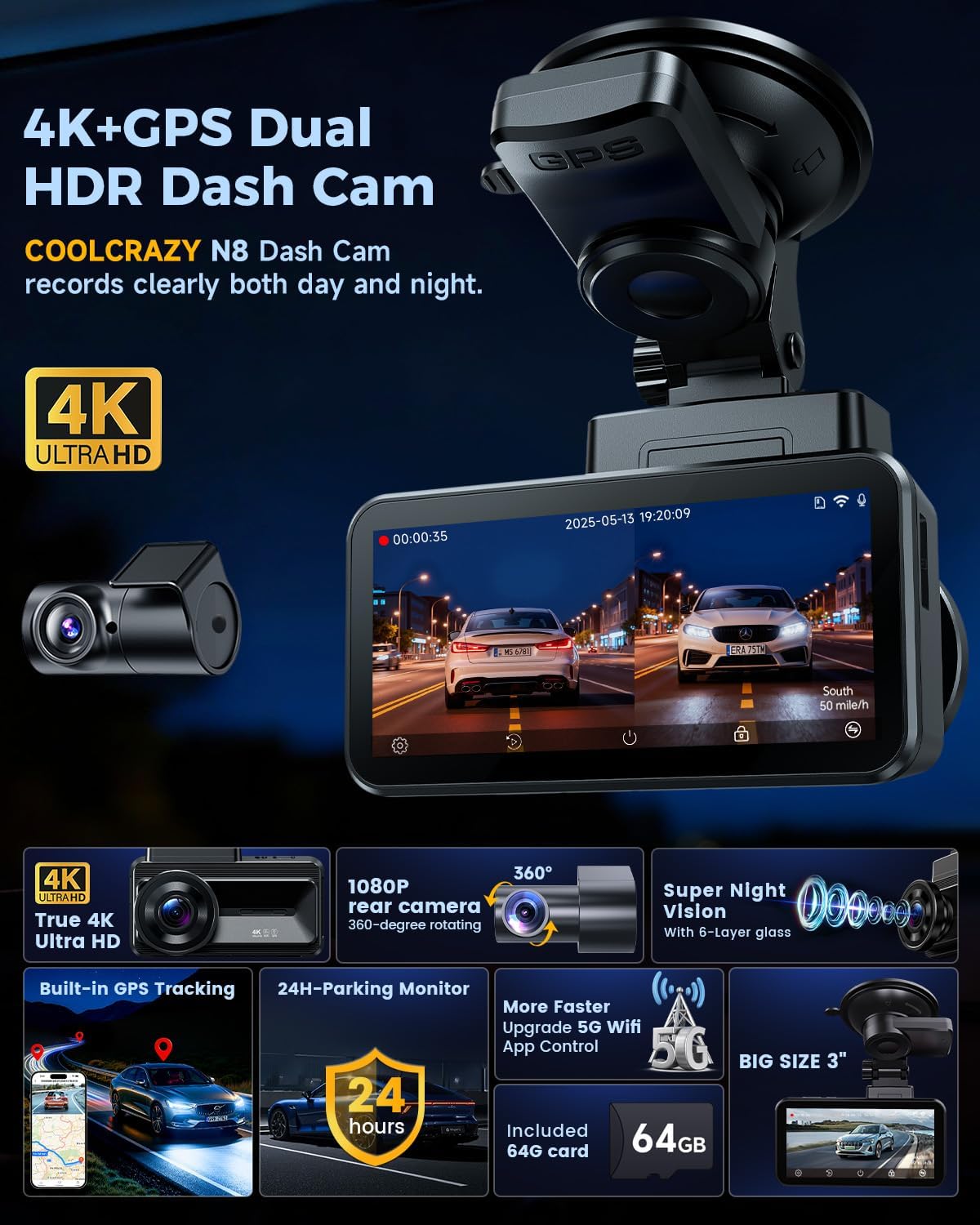 Dual-camera COOLCRAZY Dash Cam showing 4K front and 1080P rear recording capabilities for high-quality video capture on the road.
