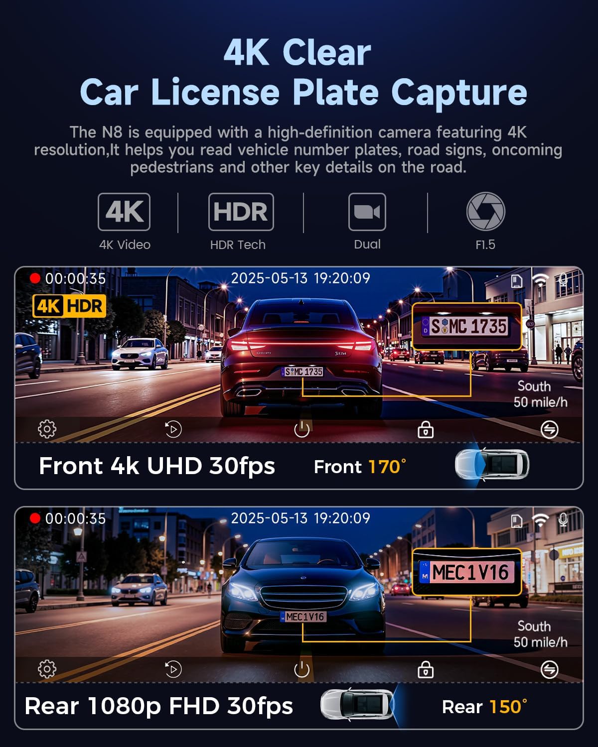 COOLCRAZY Dash Cam with night vision HDR system comparing enhanced and standard image quality for optimal nighttime driving safety.