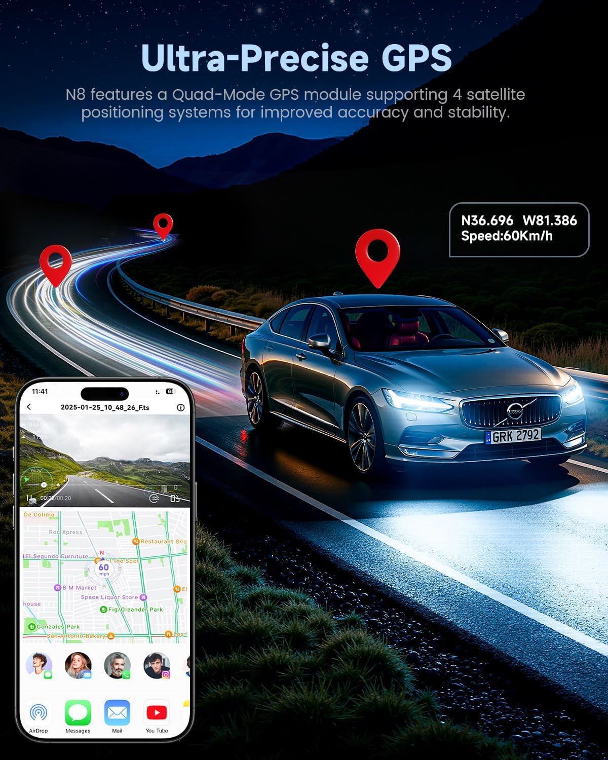 COOLCRAZY Dash Cam demonstrating loop recording feature with 64GB storage, ensuring continuous video capture without memory issues.
