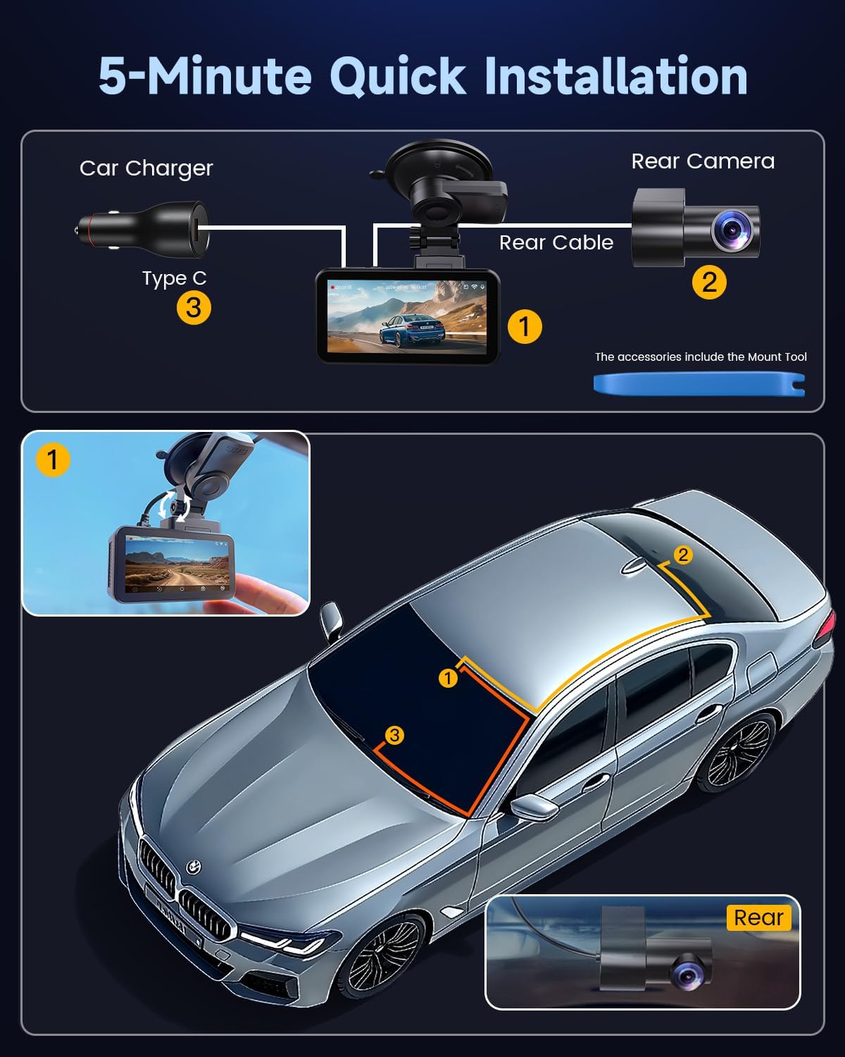 COOLCRAZY Car dashboard camera installation guide with step-by-step instructions and car illustration.