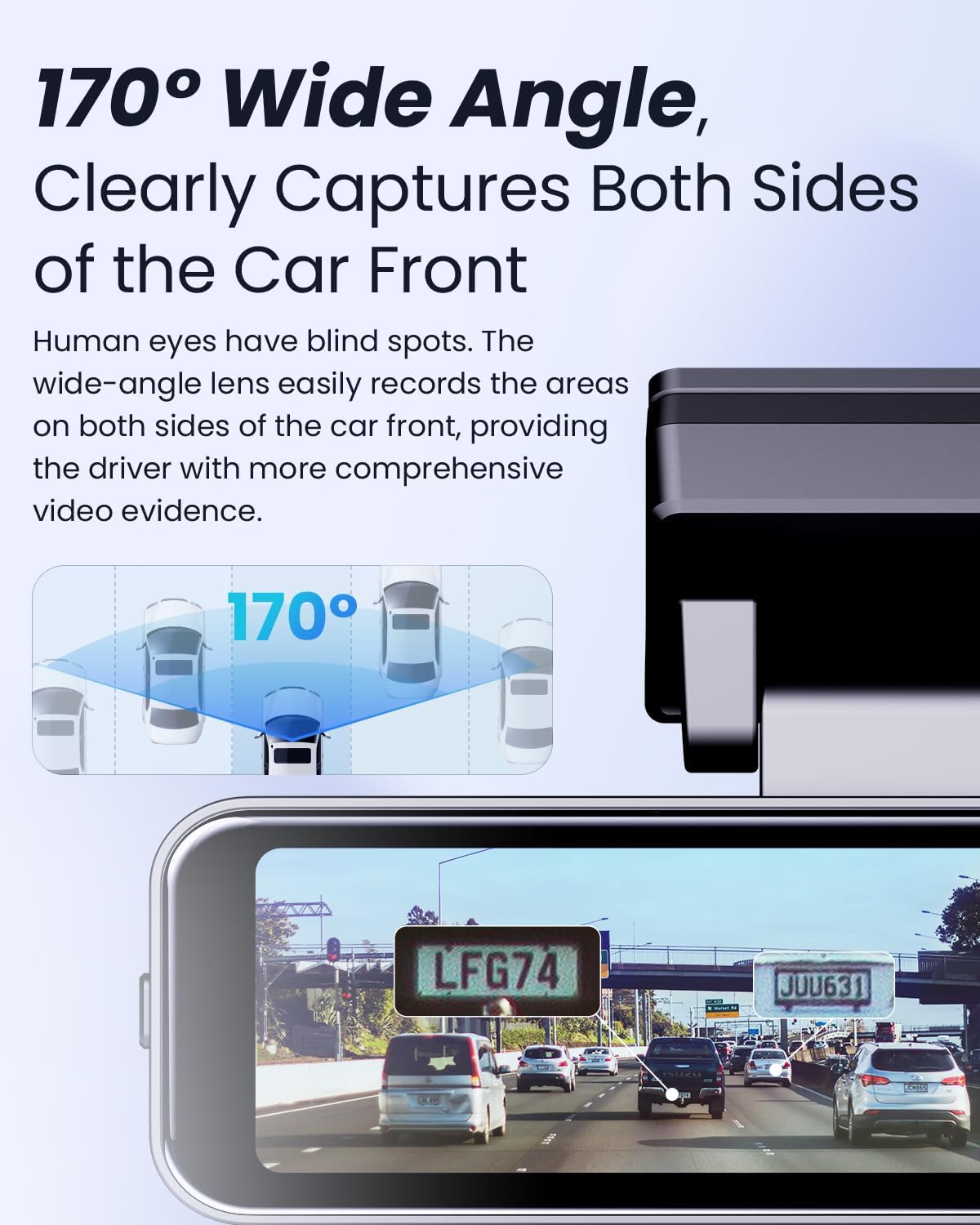 COOLCRAZY Dashcam featuring a 170° wide-angle lens, capturing a comprehensive view of the road.