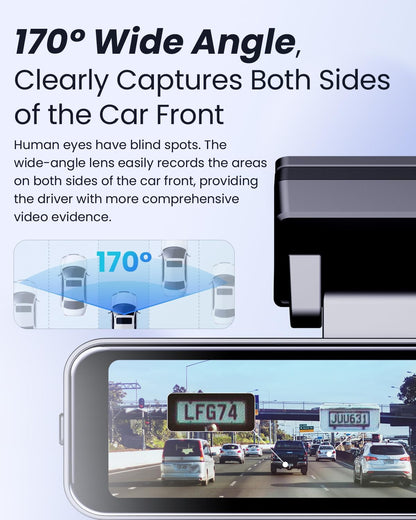 COOLCRAZY Dashcam featuring a 170° wide-angle lens, capturing a comprehensive view of the road.