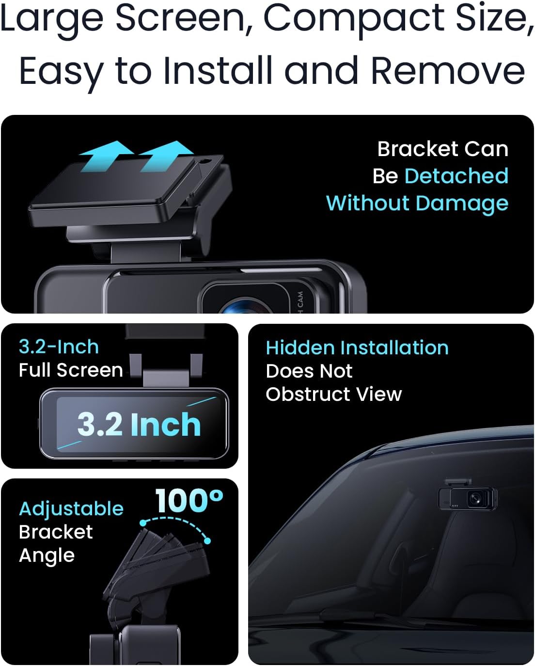 COOLCRAZY Dashcam's compact 3.2-inch screen with adjustable bracket for easy installation and removal.