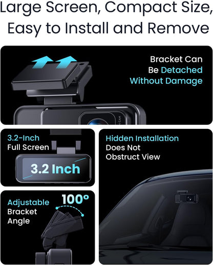COOLCRAZY Dashcam's compact 3.2-inch screen with adjustable bracket for easy installation and removal.