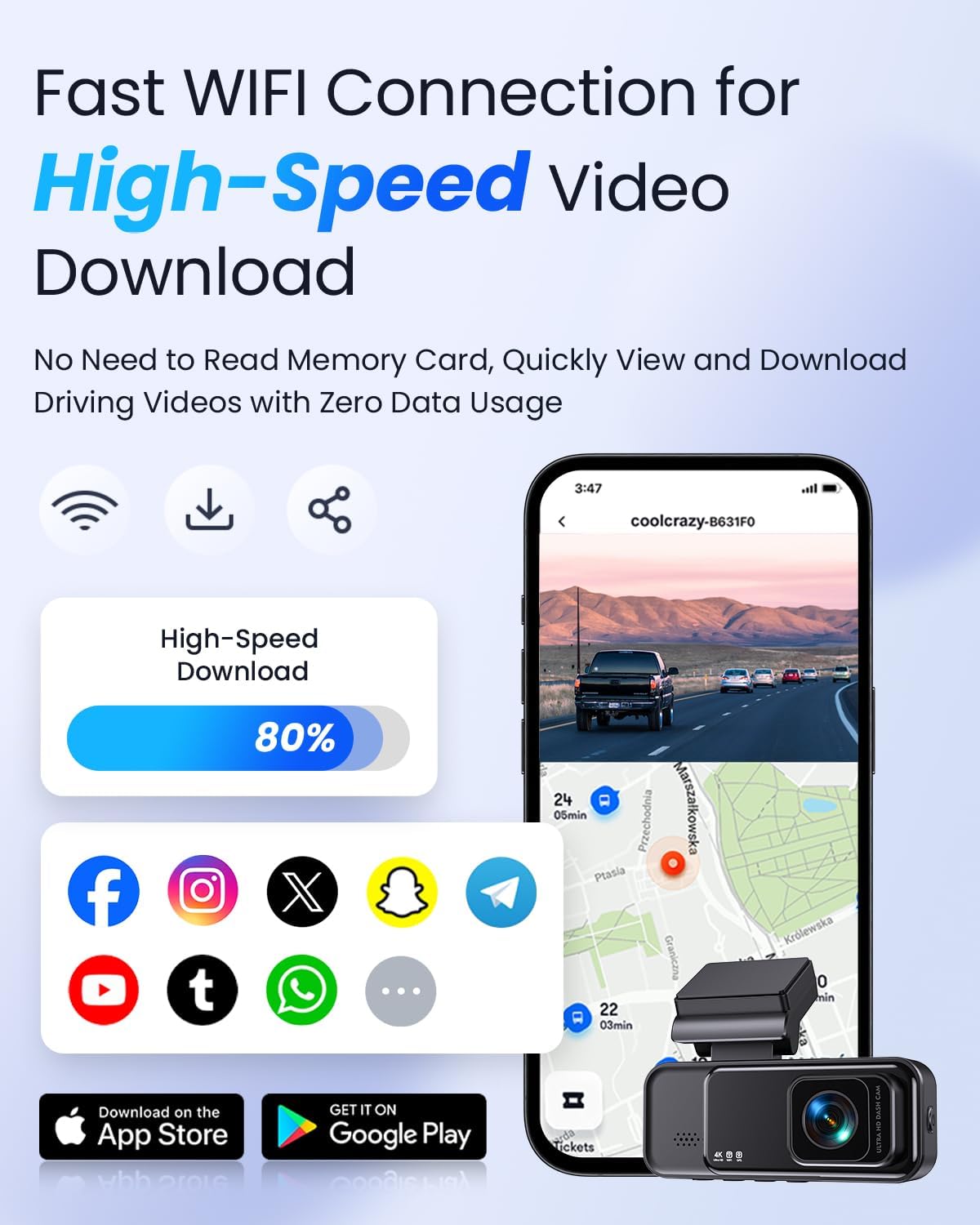 Fast WiFi connectivity on COOLCRAZY Dashcam for quick video downloads and sharing on mobile apps.