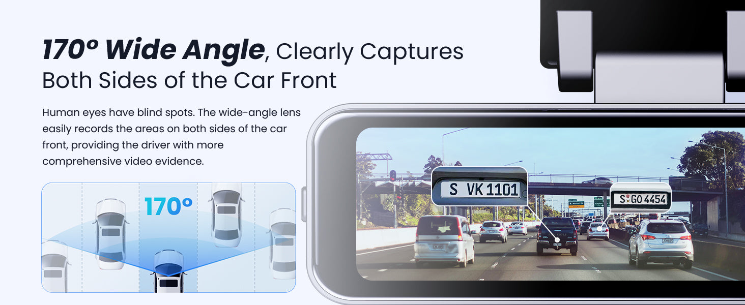 COOLCRAZY dash cam with 170° wide-angle lens, capturing both sides of the car front for comprehensive video evidence.
