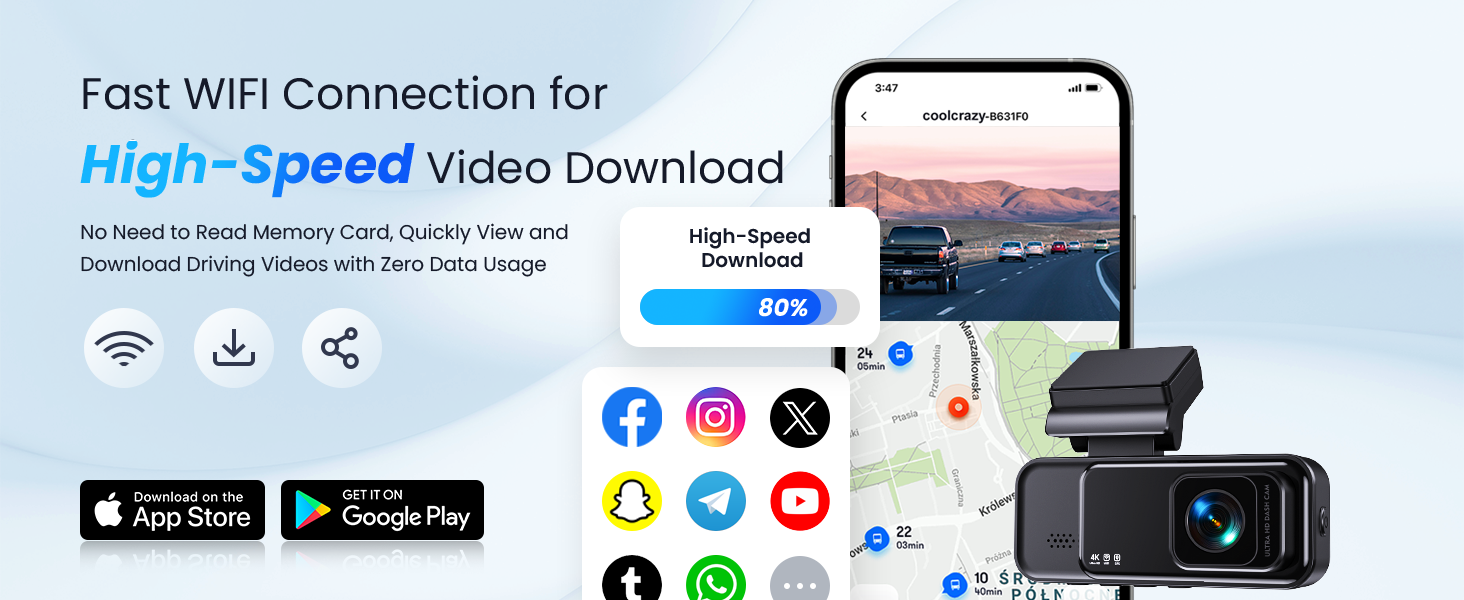 COOLCRAZY dash cam with fast Wi-Fi connection for high-speed video download. Compatible with apps for seamless video access.