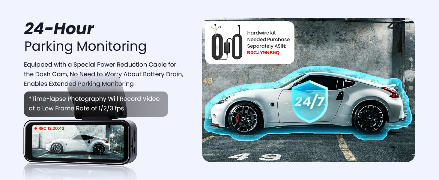 COOLCRAZY 24-Hour Parking Monitoring Dash Cam - Protect your car with time-lapse recording and battery-friendly design.