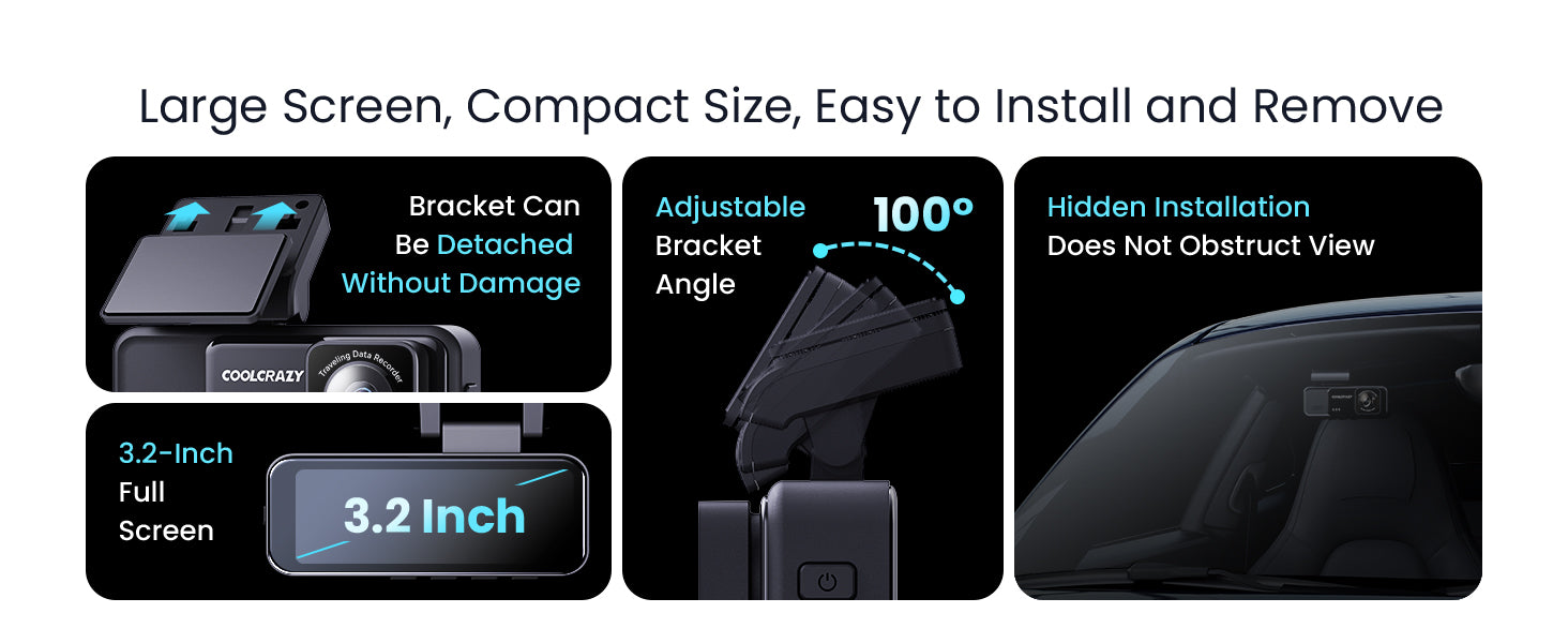 COOLCRAZY Dash Cam - Compact and easy to install with a detachable bracket and adjustable viewing angles.