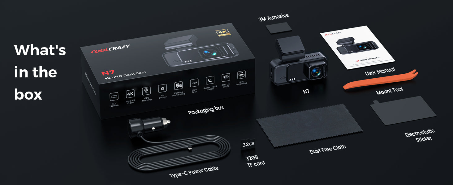 COOLCRAZY Dash Cam Box Contents - Includes dash cam, power cable, 32GB TF card, mount tools, and user manual.