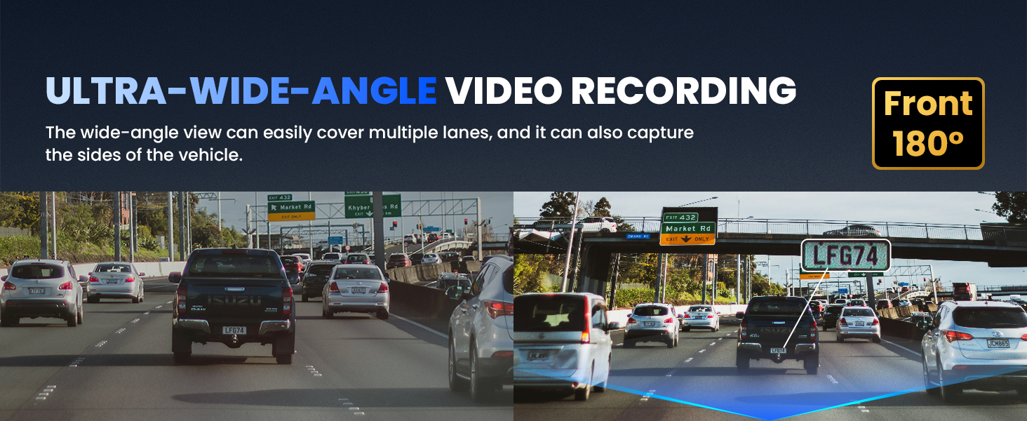 COOLCRAZY Dash Cam showcasing ultra-wide-angle video recording with a 180-degree front view to capture multiple lanes and side vehicles.