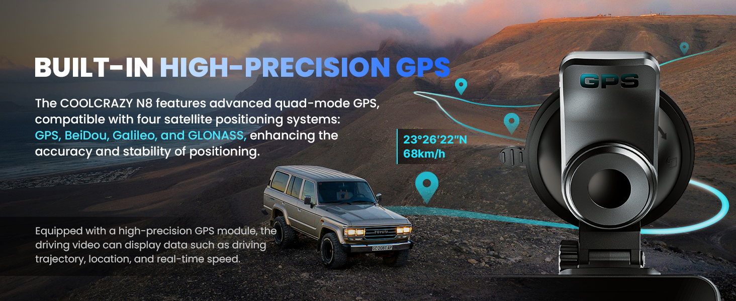 COOLCRAZY Dash Cam with high-precision GPS, featuring quad-mode satellite compatibility for accurate positioning and real-time speed tracking during your drives.