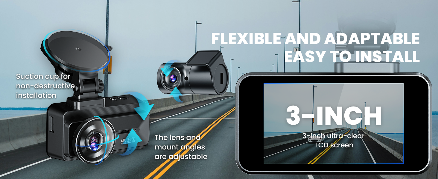 COOLCRAZY Dash Cam featuring a 3-inch ultra-clear LCD screen with suction cup for non-destructive installation and adjustable lens angles.
