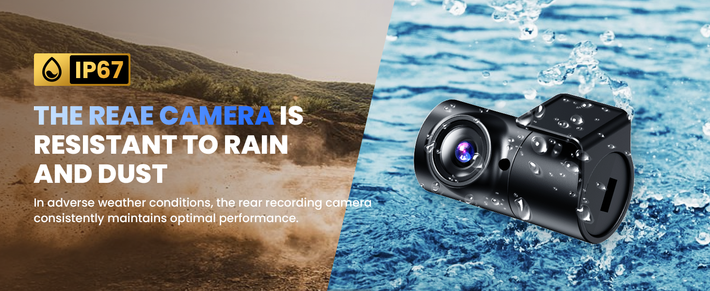 COOLCRAZY Dash Cam rear camera with IP67 rating, showcasing resistance to rain and dust for optimal performance in harsh weather conditions.