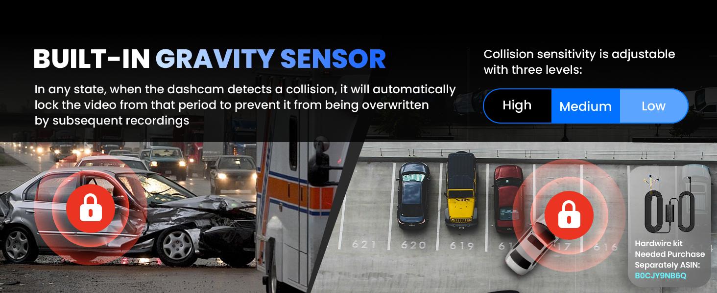 COOLCRAZY Dash Cam showcasing built-in gravity sensor with adjustable collision sensitivity to securely lock critical footage during emergencies.