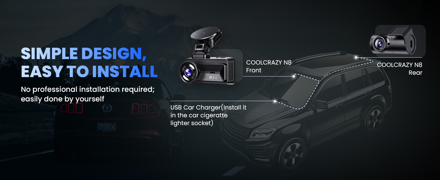 COOLCRAZY Dash Cam illustrating simple installation with a front and rear camera setup and USB car charger for easy DIY assembly.