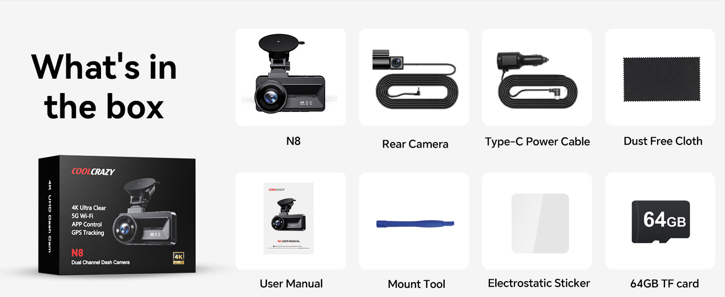 COOLCRAZY Dash Cam package contents, including the N8 camera, rear camera, Type-C power cable, dust-free cloth, user manual, and 64GB TF card.