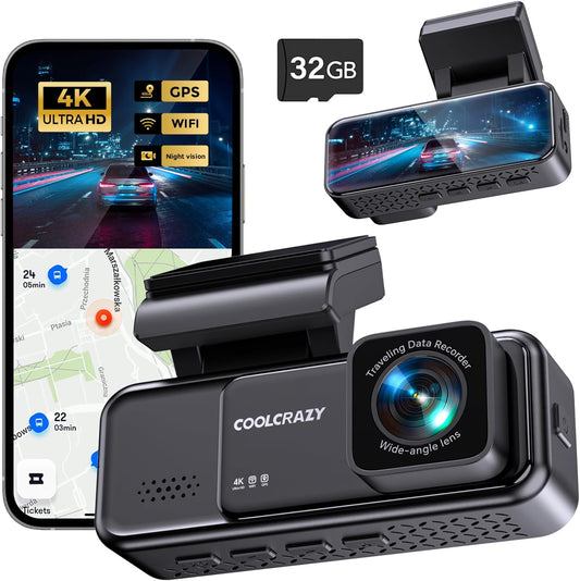 COOLCRAZY 4K Ultra HD Dashcam with GPS and Night Vision, showing its advanced recording capabilities and compact design.