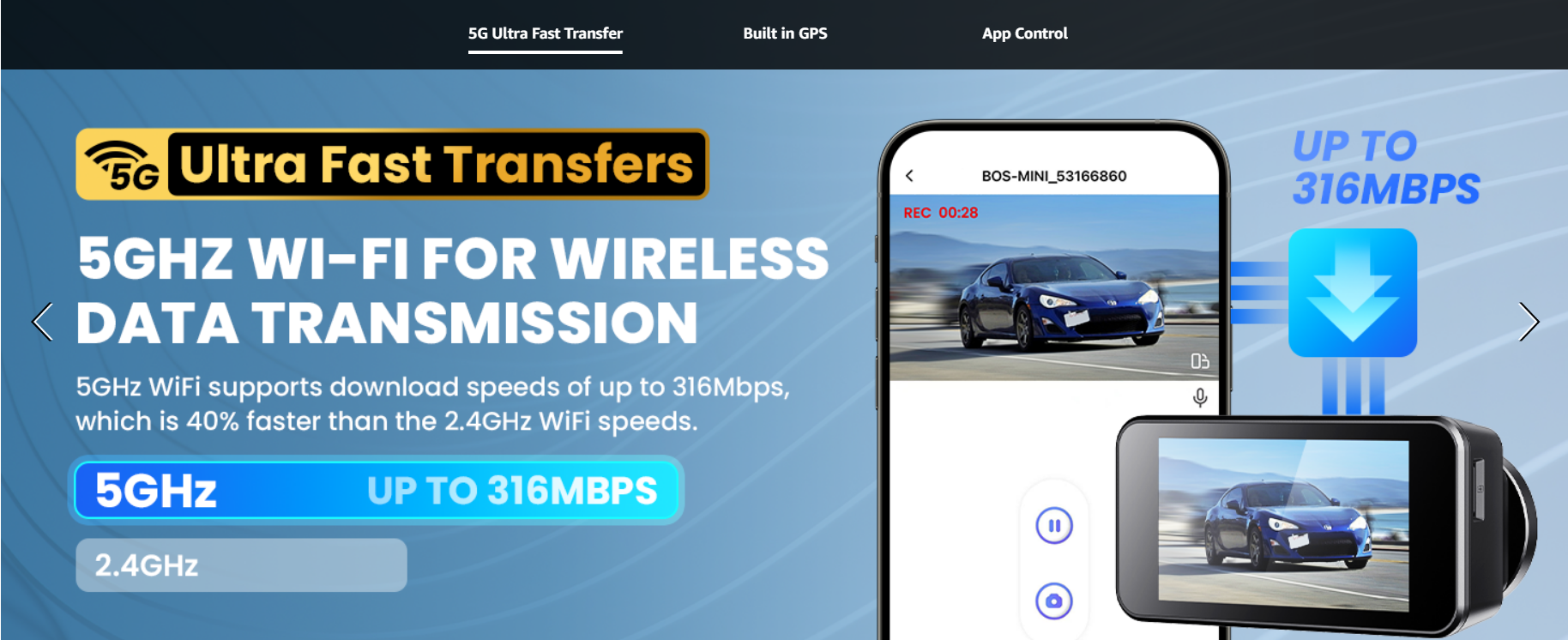 COOLCRAZY Dash Cam showcasing 5GHz Wi-Fi technology with ultra-fast data transfer speeds of up to 316Mbps, ensuring seamless wireless video sharing and control.