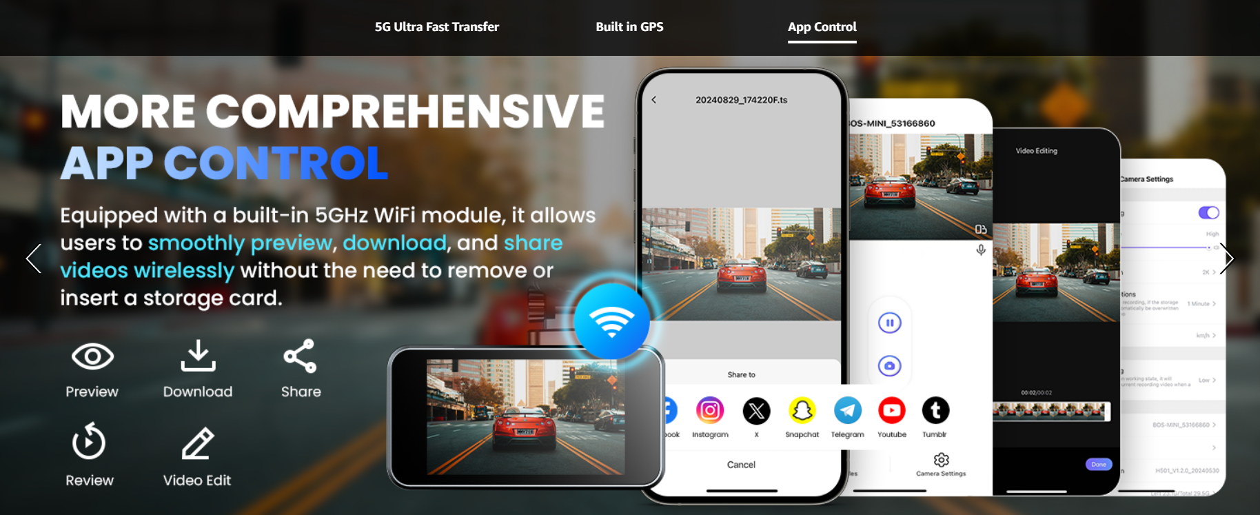 COOLCRAZY Dash Cam highlighting comprehensive app control via a built-in 5GHz Wi-Fi module, enabling video preview, download, and sharing without removing the memory card.