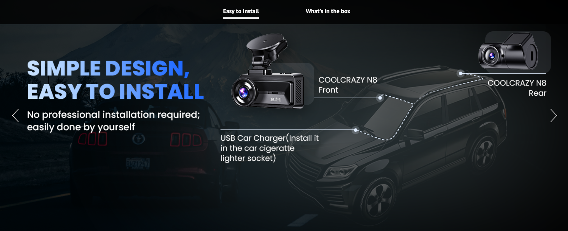 COOLCRAZY Dash Cam illustrating simple installation with a front and rear camera setup and USB car charger for easy DIY assembly.