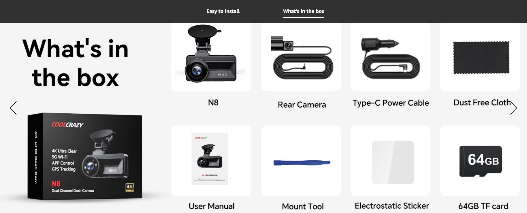 COOLCRAZY Dash Cam package contents, including the N8 camera, rear camera, Type-C power cable, dust-free cloth, user manual, and 64GB TF card.